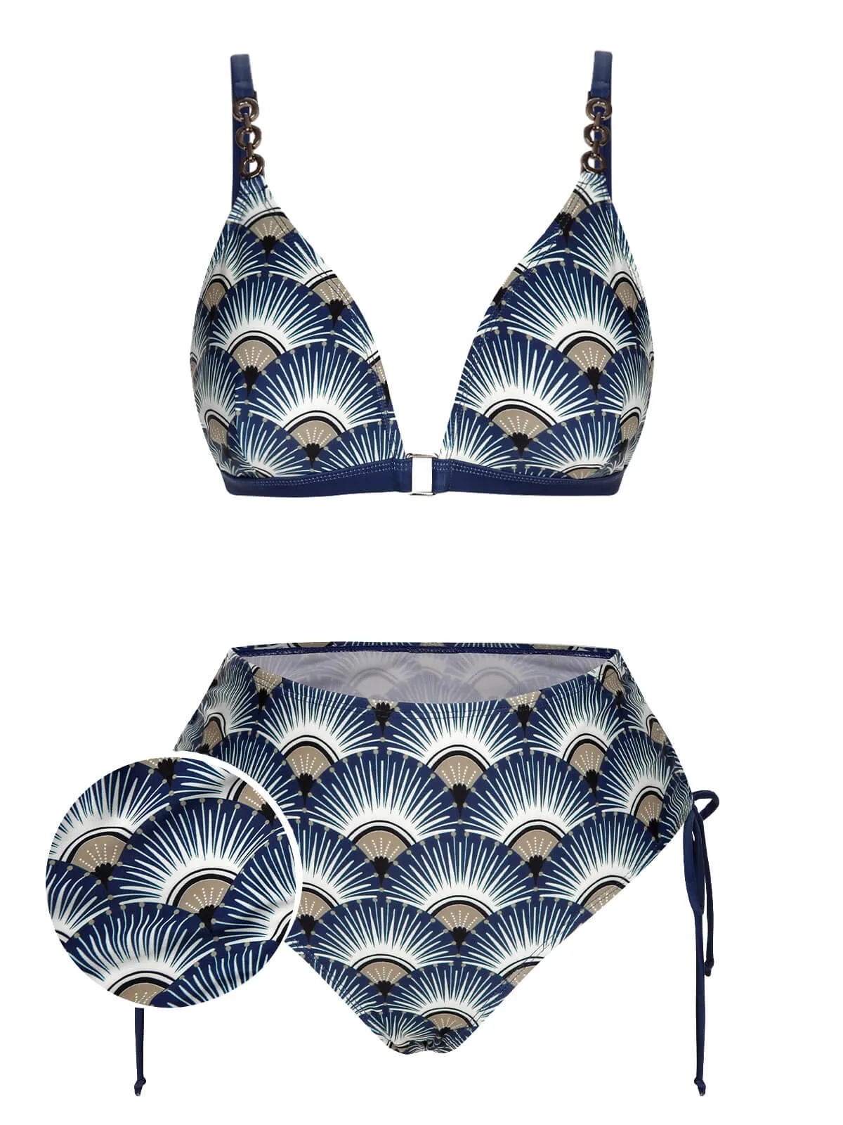 Blue 1930s Ancient Fan Lace-Up Bikini Set sold by Retro Stage