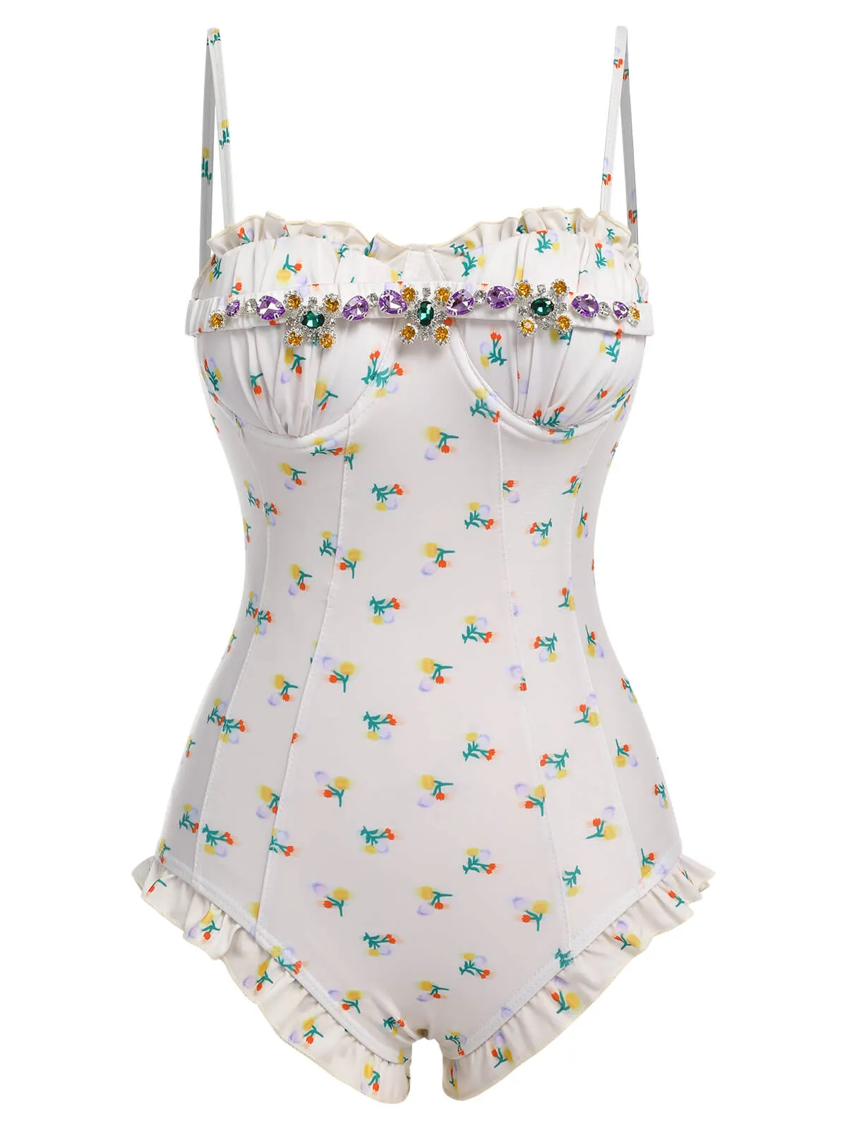 2PCS Beige 1950s Floral One-Piece Swimsuit & Skirt sold by Retro Stage product image thumbnail 3