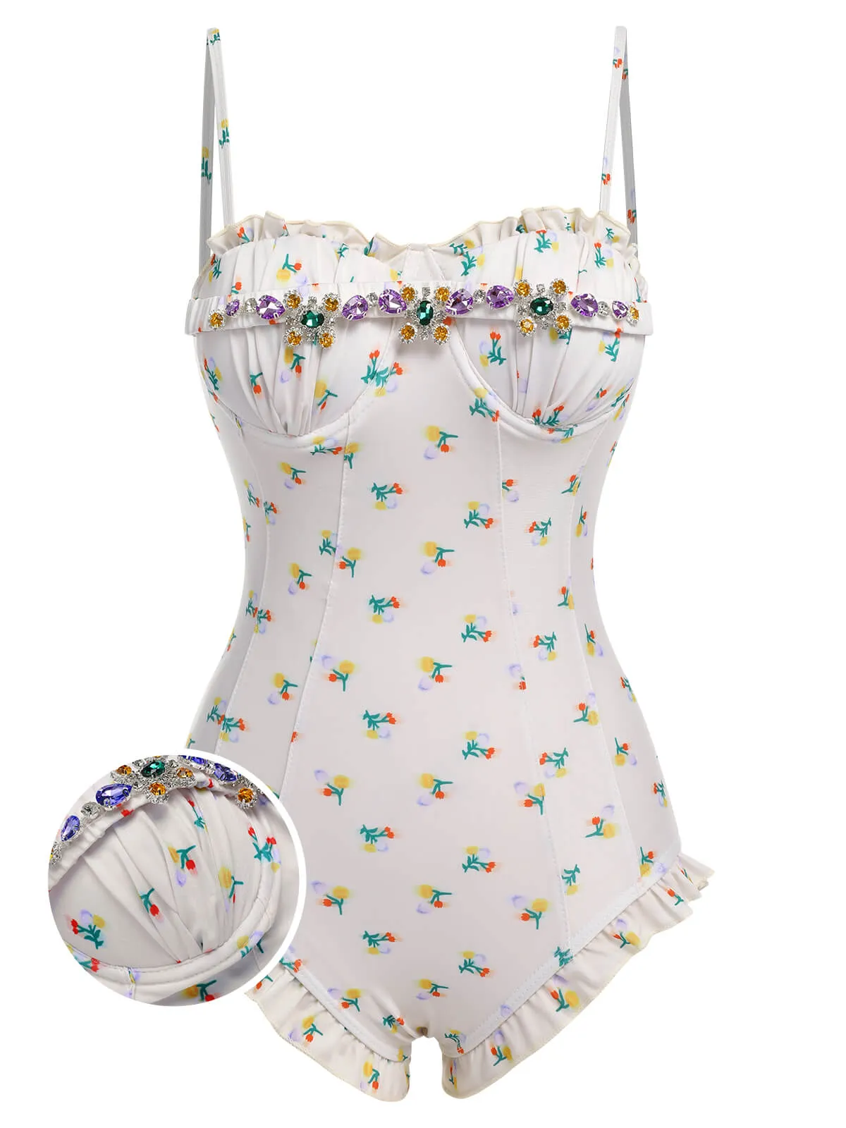 2PCS Beige 1950s Floral One-Piece Swimsuit & Skirt sold by Retro Stage product image thumbnail 2