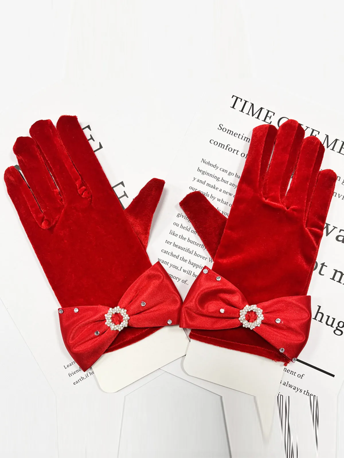 Red Velvet Rhinestone Bow Gloves sold by Retro Stage