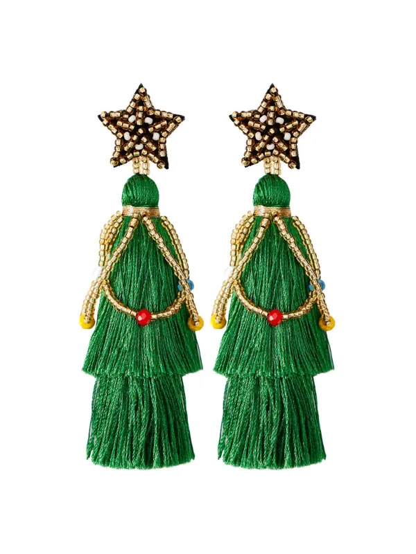 Christmas Tree Tassel Beaded Dangle Earrings sold by Retro Stage