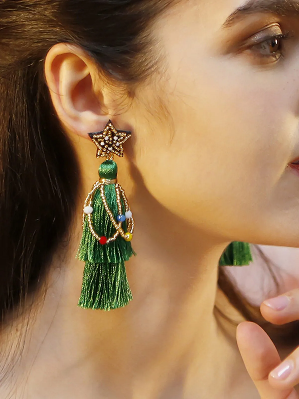 Christmas Tree Tassel Beaded Dangle Earrings sold by Retro Stage product image thumbnail 2