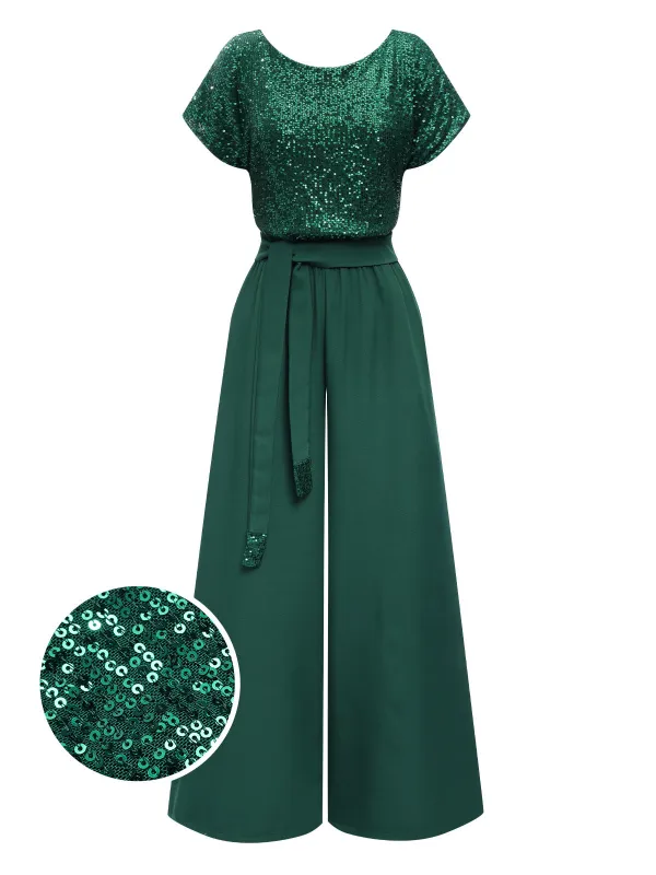 Green 1960s Sequined Wide-Leg Jumpsuit sold by Retro Stage