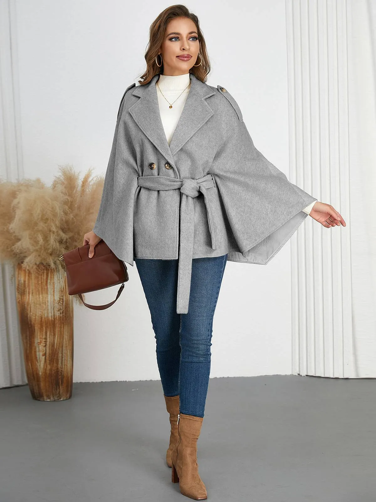 Gray 1950s Solid Notched Collar Belted Cloak Coat sold by Retro Stage product image thumbnail 2