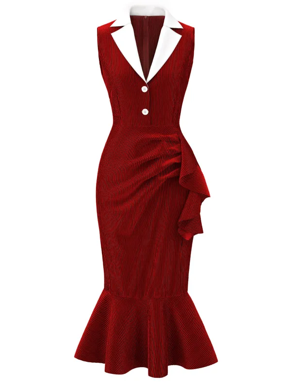 Red 1930s Reflective Corduroy Fishtail Dress sold by Retro Stage