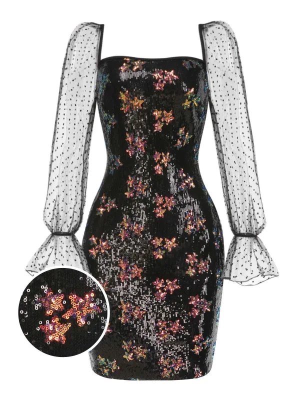 Black 1960s Stars Sequined Mesh Patchwork Dress sold by Retro Stage