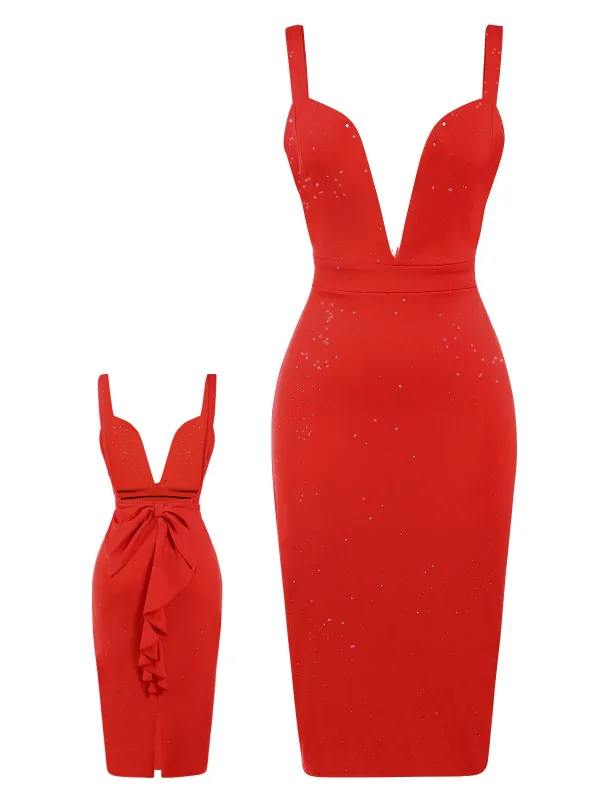 Red 1960s Ruffled Open Back Suspender Dress sold by Retro Stage