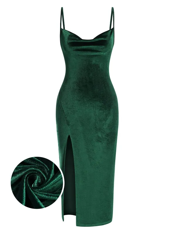 Green 1960s Slit Suspender Velvet Dress sold by Retro Stage