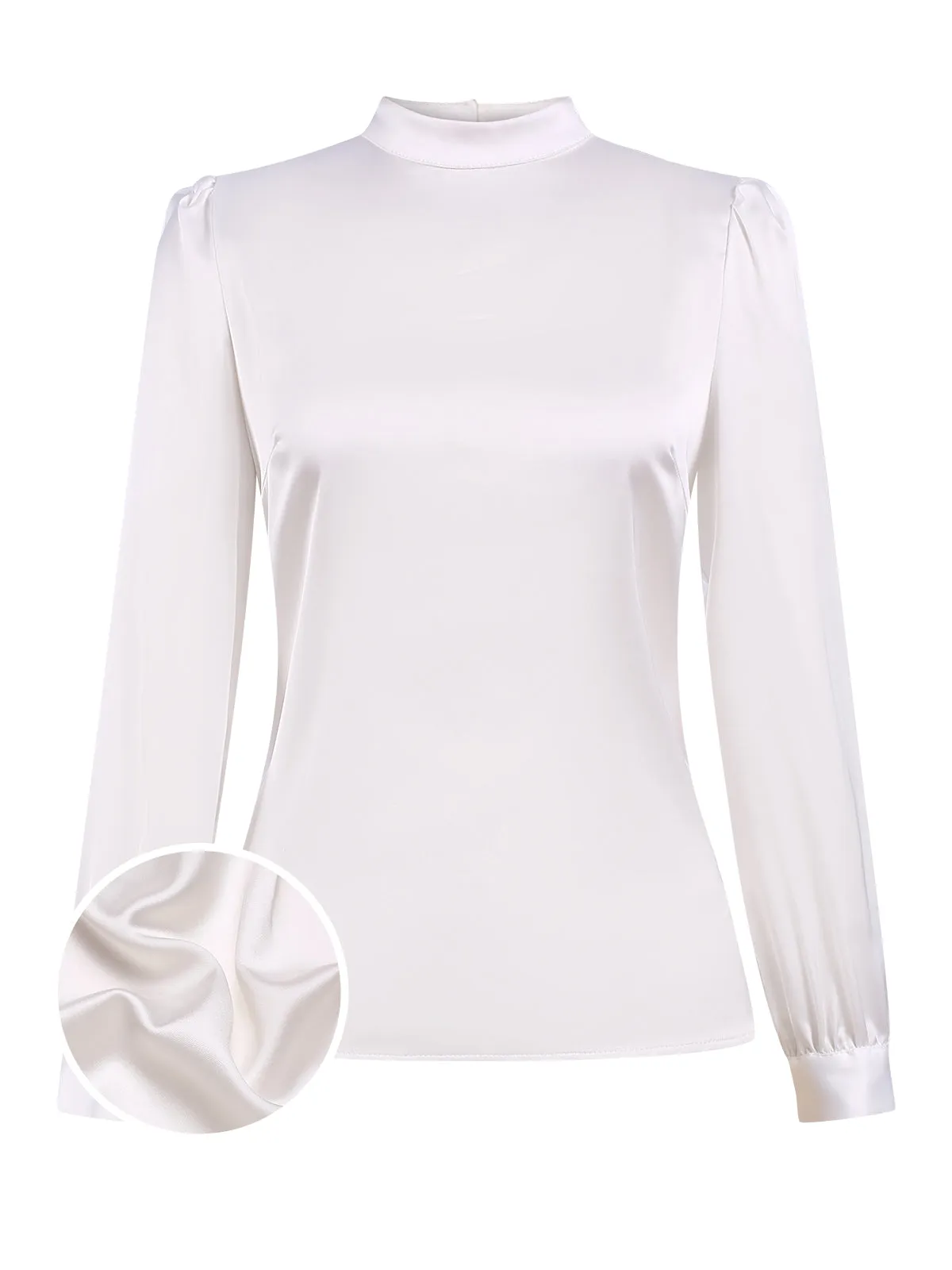 White 1970s Satin High Neck Solid Blouse sold by Retro Stage