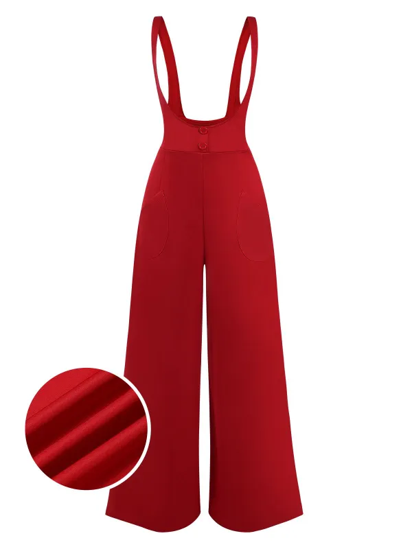 Red 1970s Suspender Wide-Leg Solid Pants sold by Retro Stage
