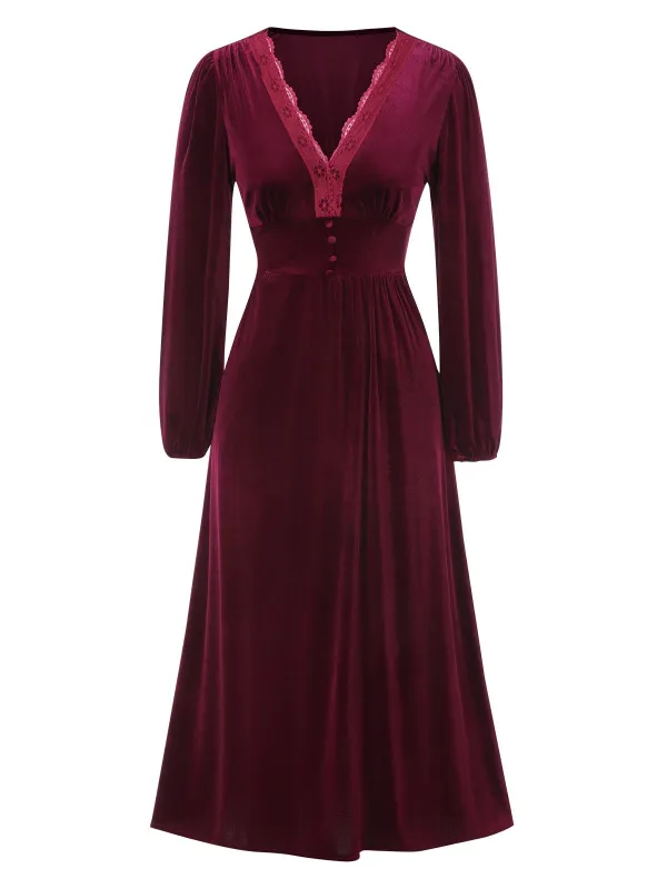Wine Red 1940s Lace Trim Velvet Dress sold by Retro Stage