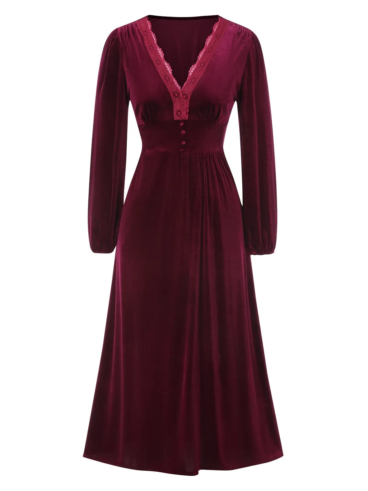 Wine Red 1940s Lace Trim Velvet Dress sold by Retro Stage