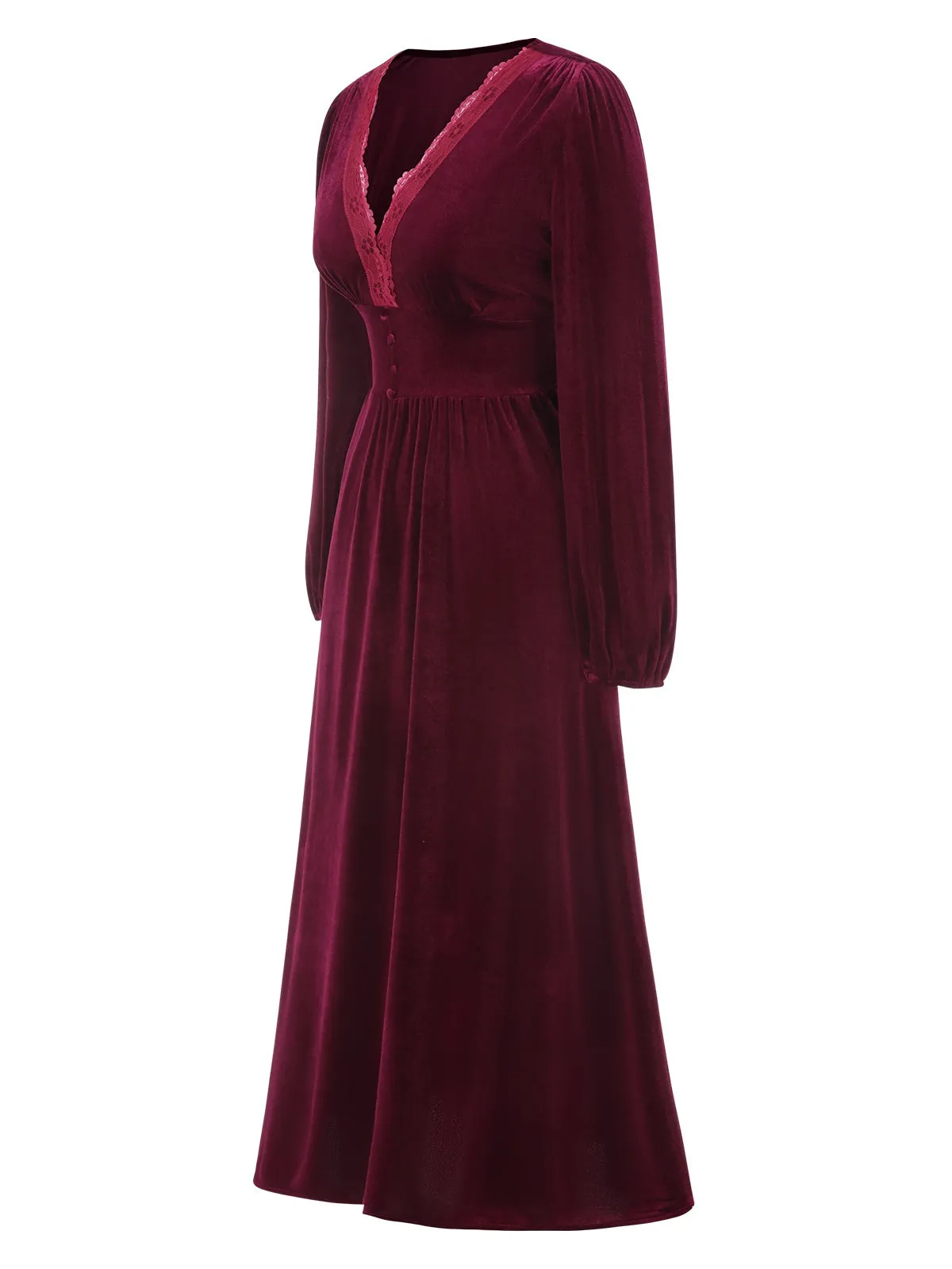 Wine Red 1940s Lace Trim Velvet Dress sold by Retro Stage product image thumbnail 3