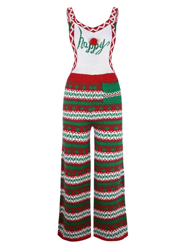 Green 1970s Happy Christmas Straps Knitted Jumpsuit sold by Retro Stage