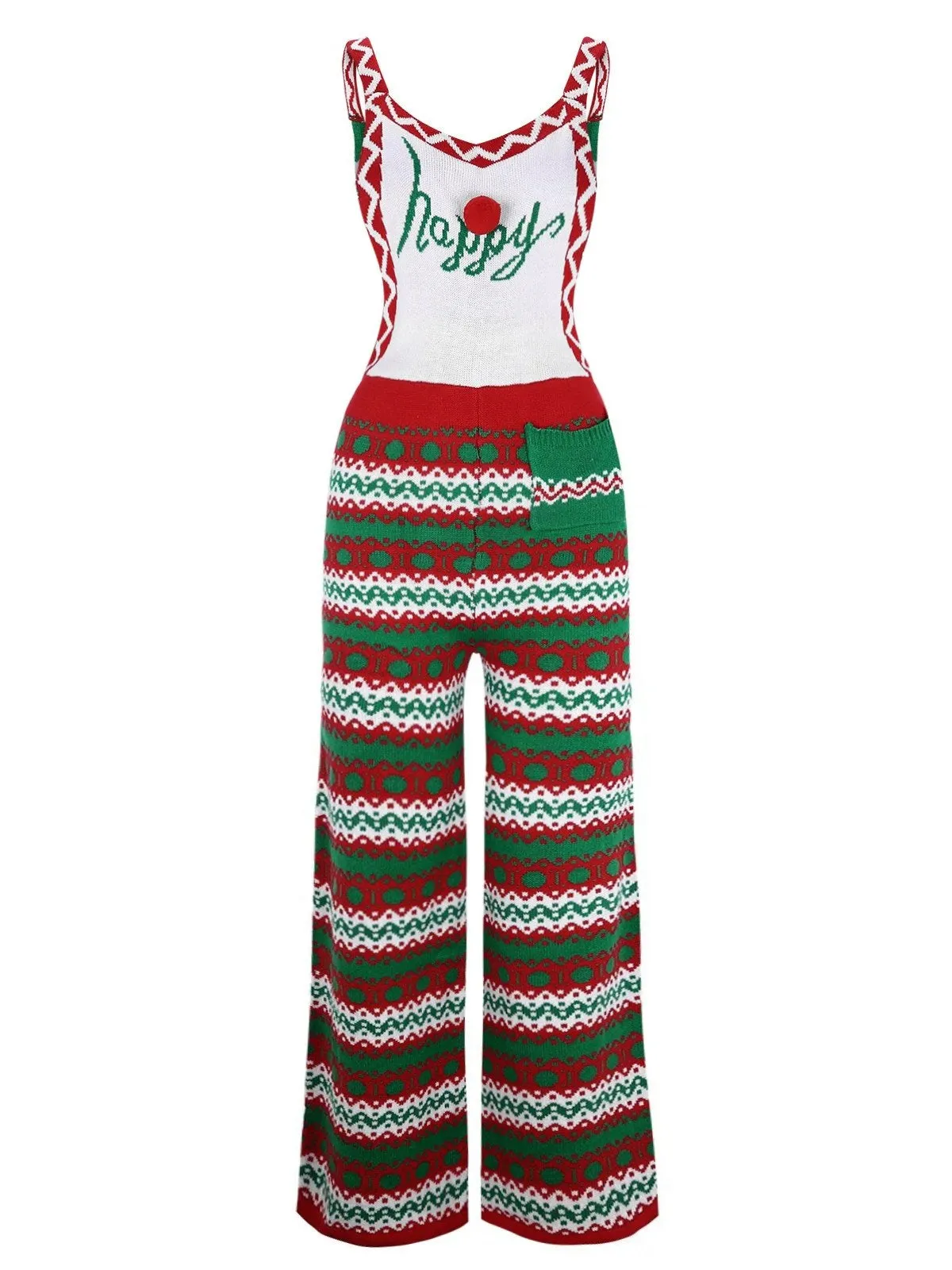 Green 1970s Happy Christmas Straps Knitted Jumpsuit sold by Retro Stage
