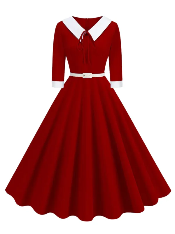 1950s Contrast Tie Neck Belted Lapel Dress sold by Retro Stage