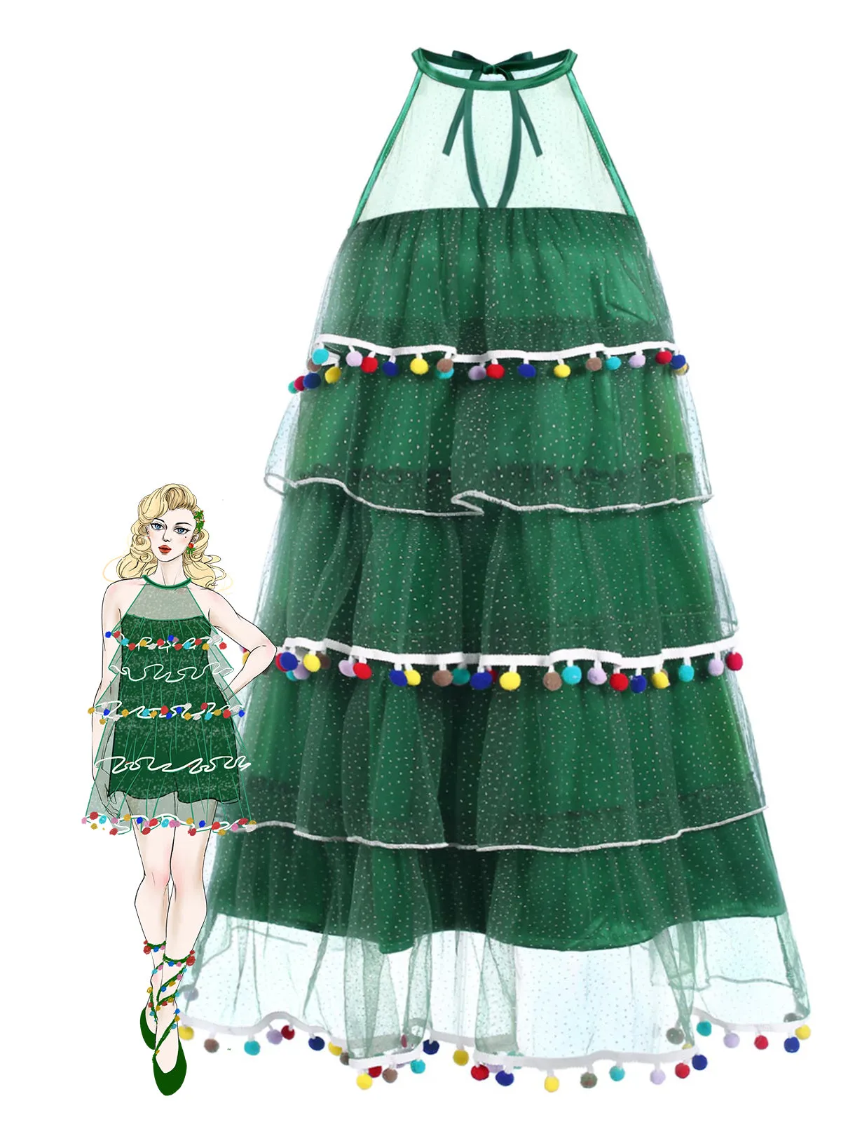 Green 1960s Pom-Pom Christmas Tree Dress sold by Retro Stage product image thumbnail 2