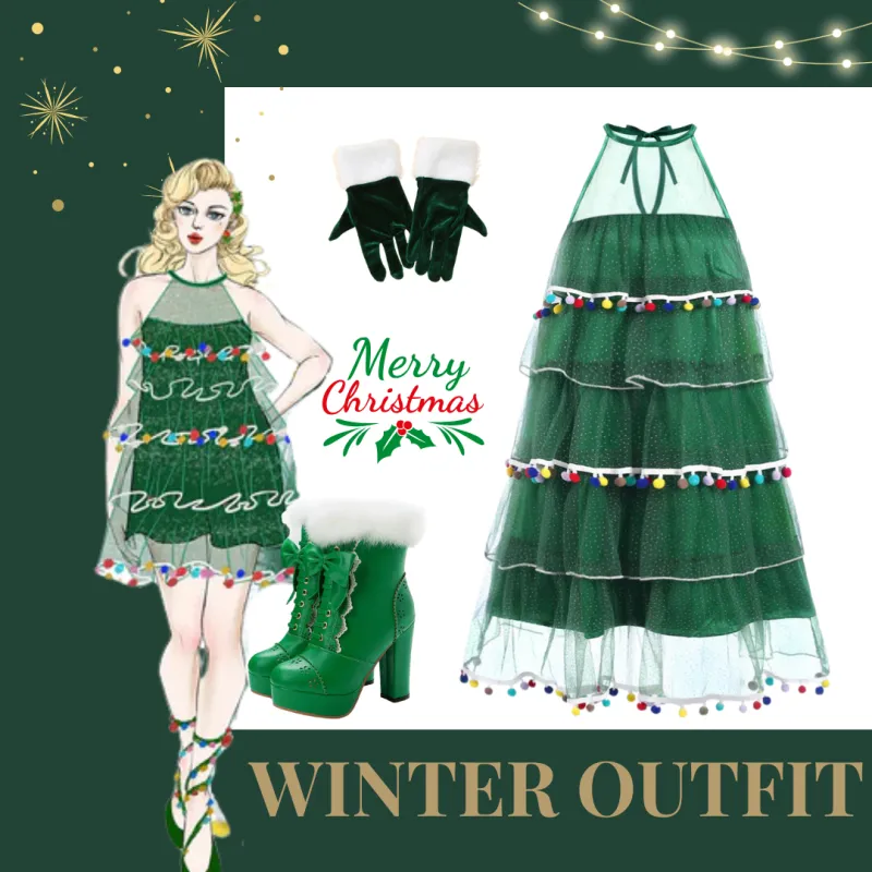 Green 1960s Pom-Pom Christmas Tree Dress sold by Retro Stage