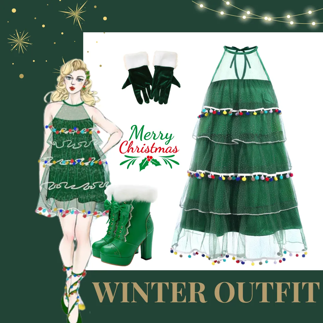 Green 1960s Pom-Pom Christmas Tree Dress sold by Retro Stage