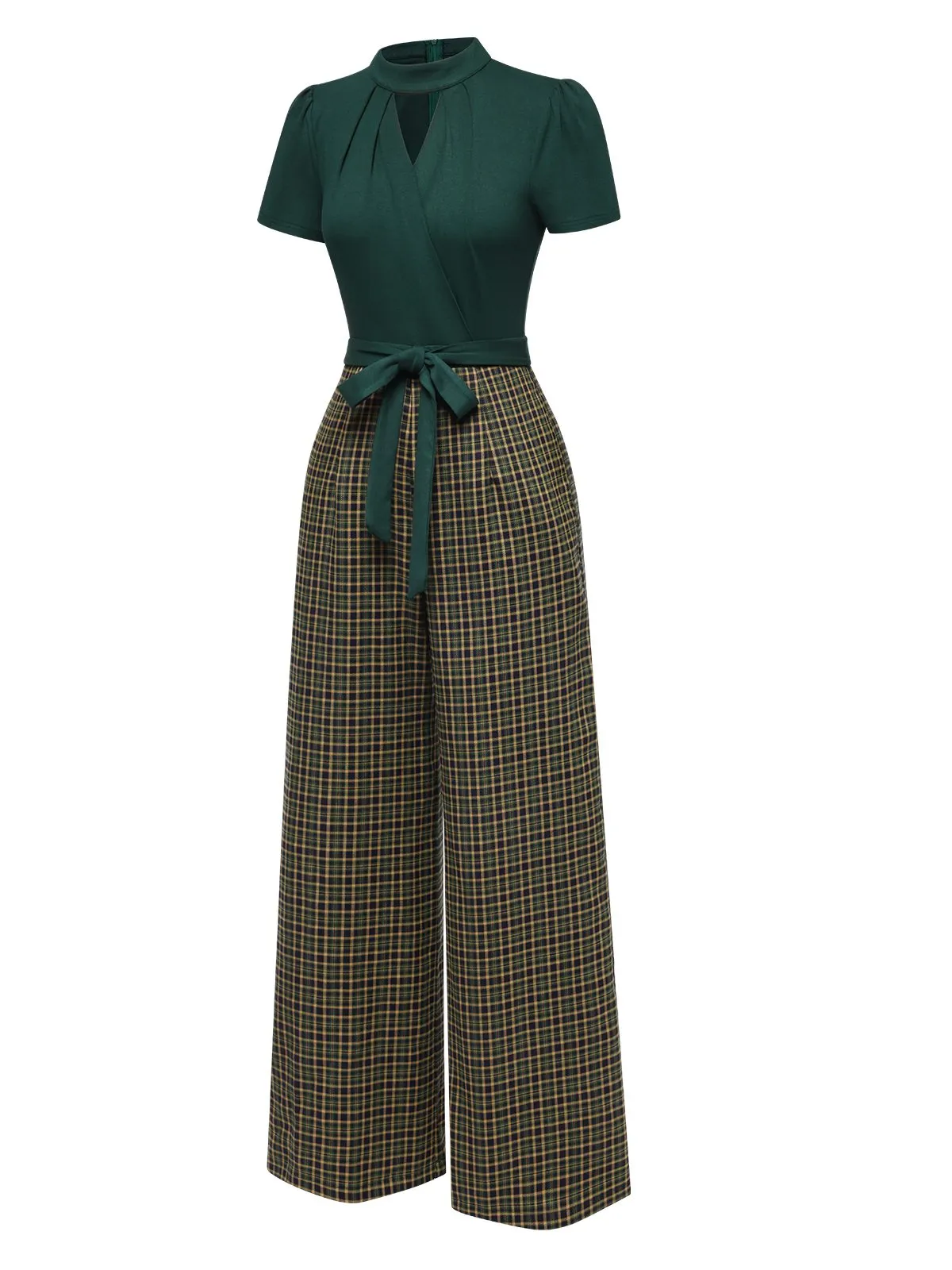 Green 1930s Plaid Keyhole Neck Belted Jumpsuit sold by Retro Stage product image thumbnail 4