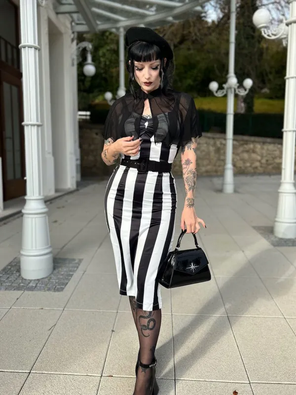 Black 1960s Vertical Stripe Straps Pencil Dress sold by Retro Stage