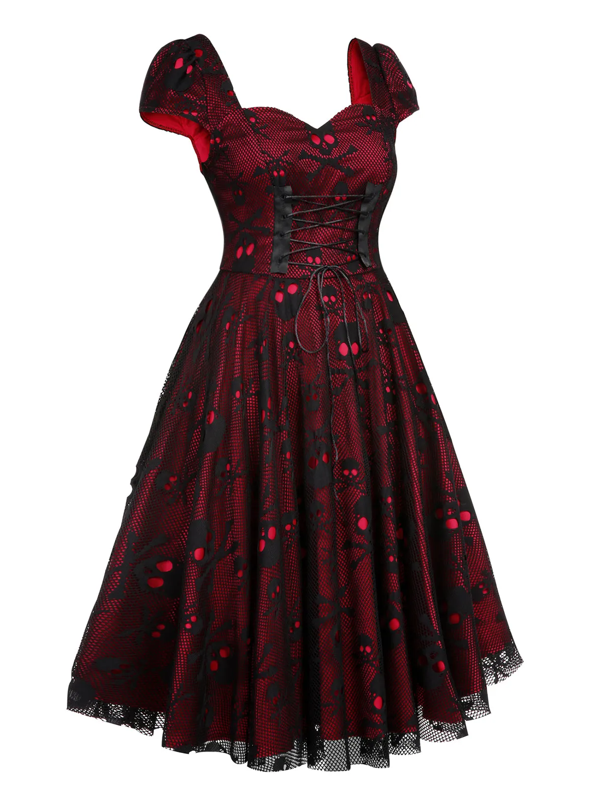 Wine Red 1950s Skull Mesh Swing Dress sold by Retro Stage product image thumbnail 5