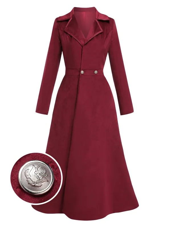 Wine Red 1930s Solid Suede Lapel Long Coat sold by Retro Stage