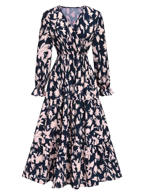 Navy Blue 1930s V-Neck Floral Dress sold by Retro Stage