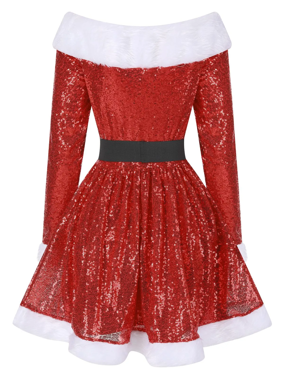 Red 1950s Christmas Off Shoulder Fur Belted Dress sold by Retro Stage product image thumbnail 2