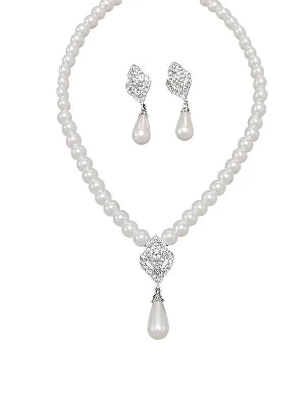 Rhinestoned Imitation Pearl Necklace & Earrings Set sold by Retro Stage