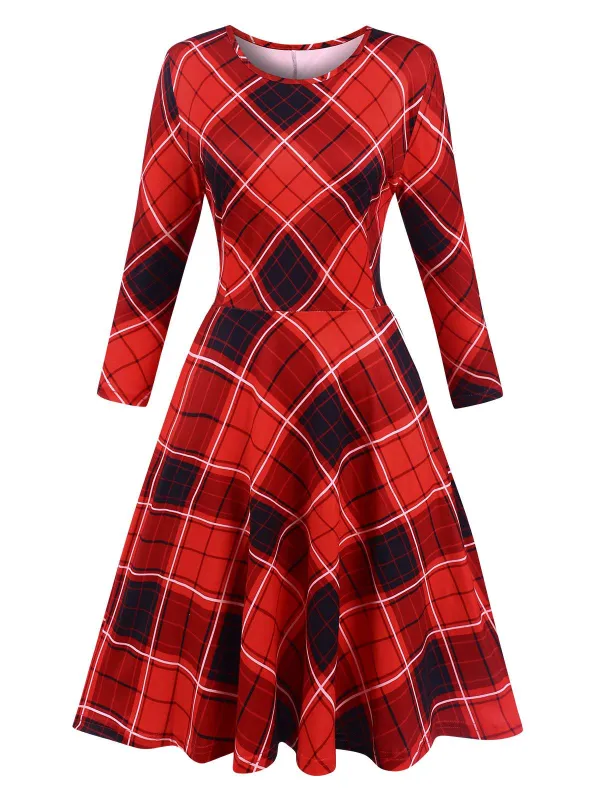 Red 1950s Crew Neck Plaid Half Sleeve Dress sold by Retro Stage