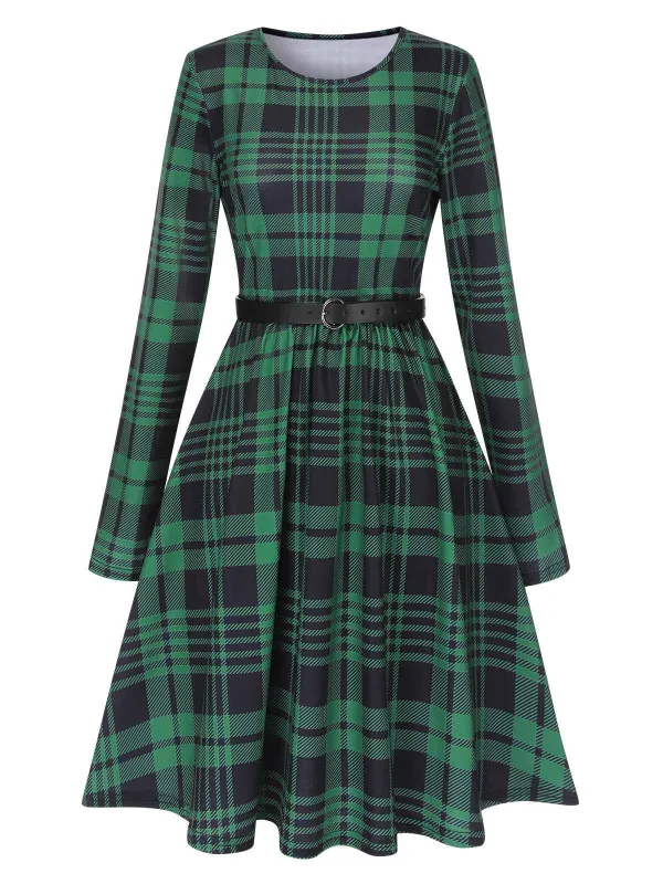 Green 1940s Crew Neck Tartan Dress With Belt sold by Retro Stage