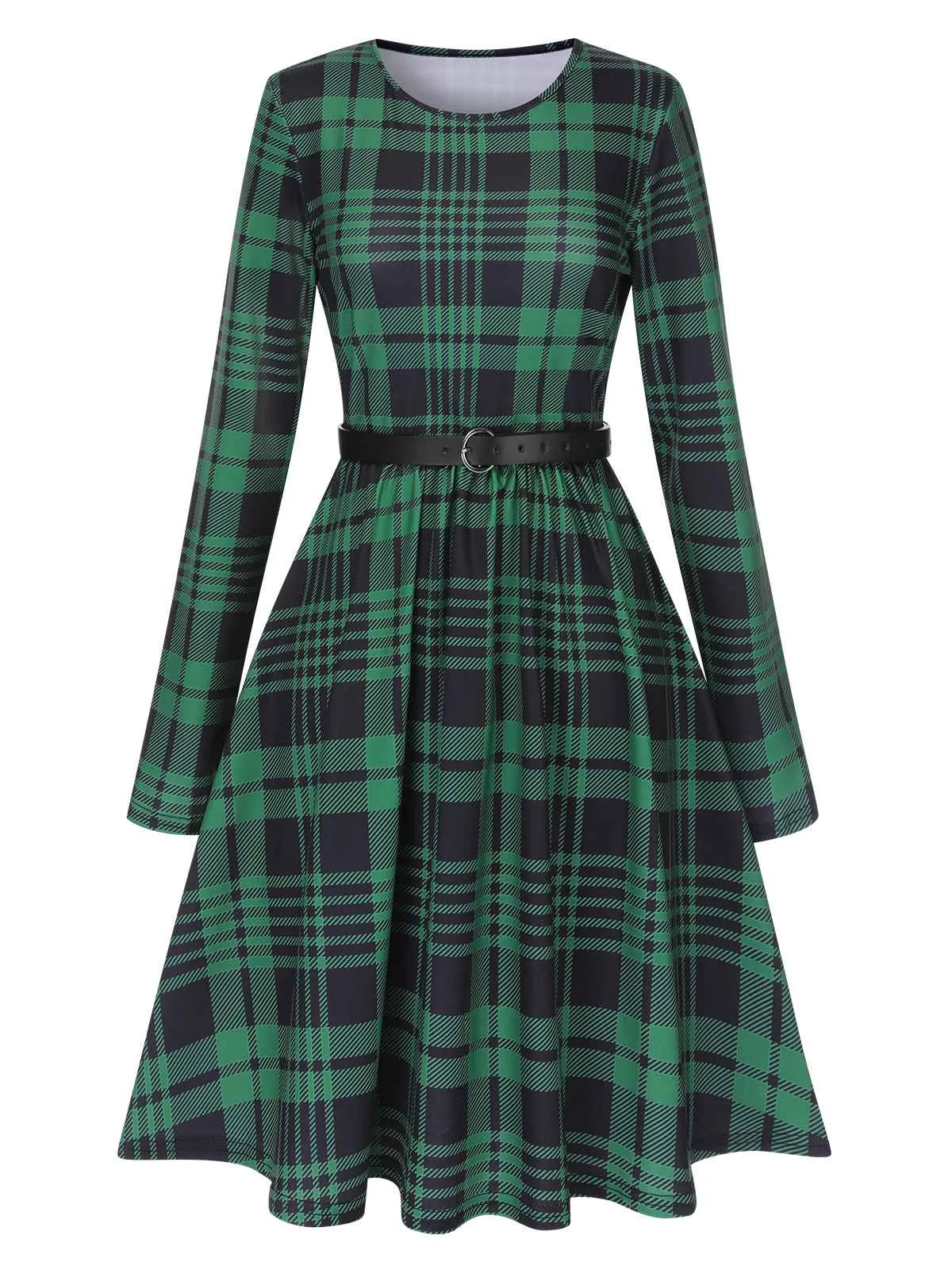 Green 1940s Crew Neck Tartan Dress With Belt sold by Retro Stage