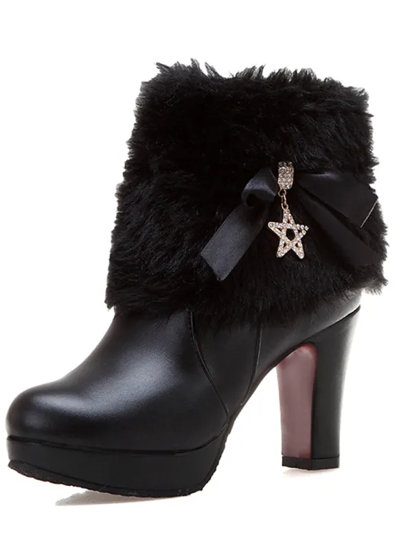 Leather Rhinestone Fur Patchwork High Boots sold by Retro Stage