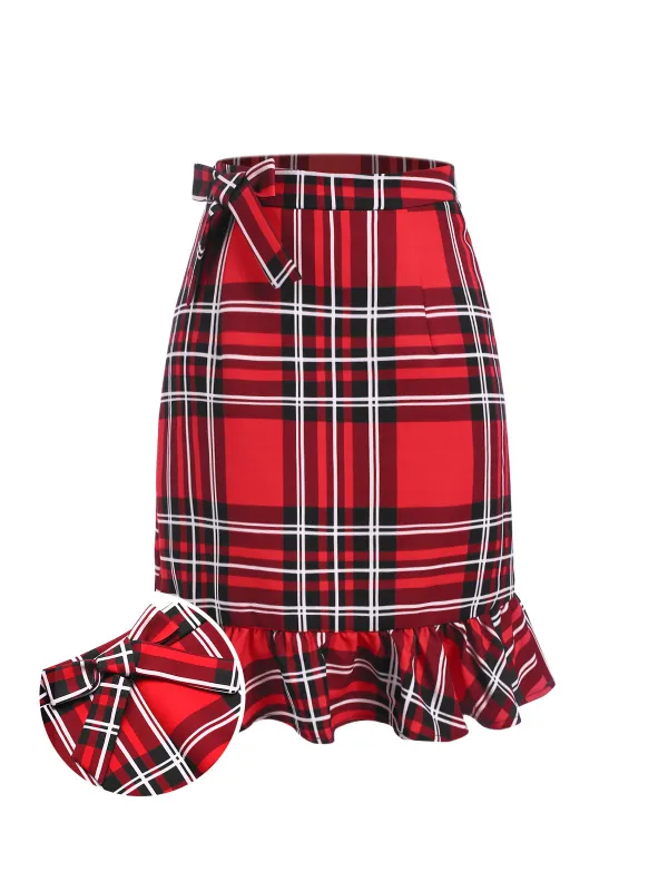 Red 1970s Tartan Plaids Bow Ruffles Skirt sold by Retro Stage