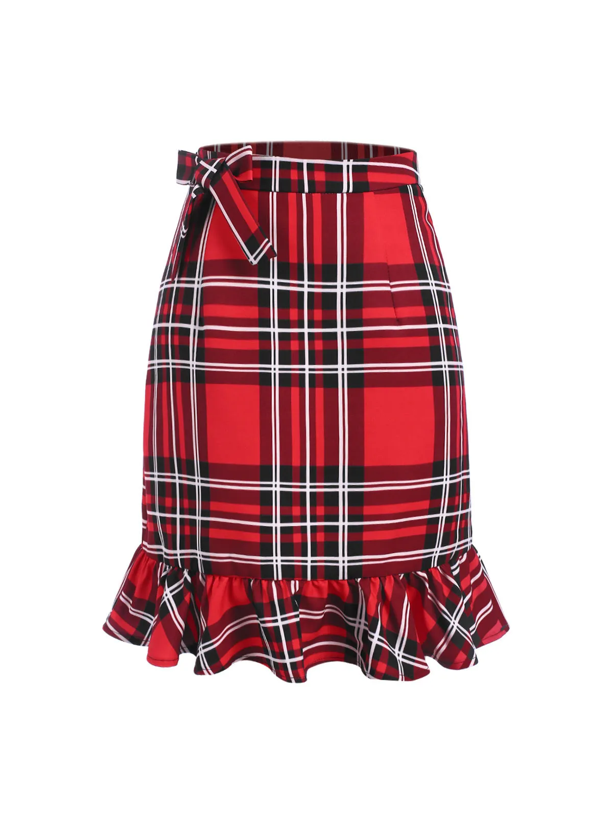 Red 1970s Tartan Plaids Bow Ruffles Skirt sold by Retro Stage product image thumbnail 2