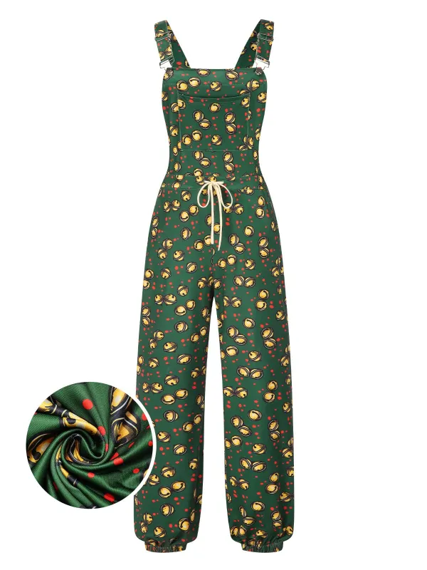 Dark Green 1930s Christmas Bells Multi-Pocket Jumpsuit sold by Retro Stage