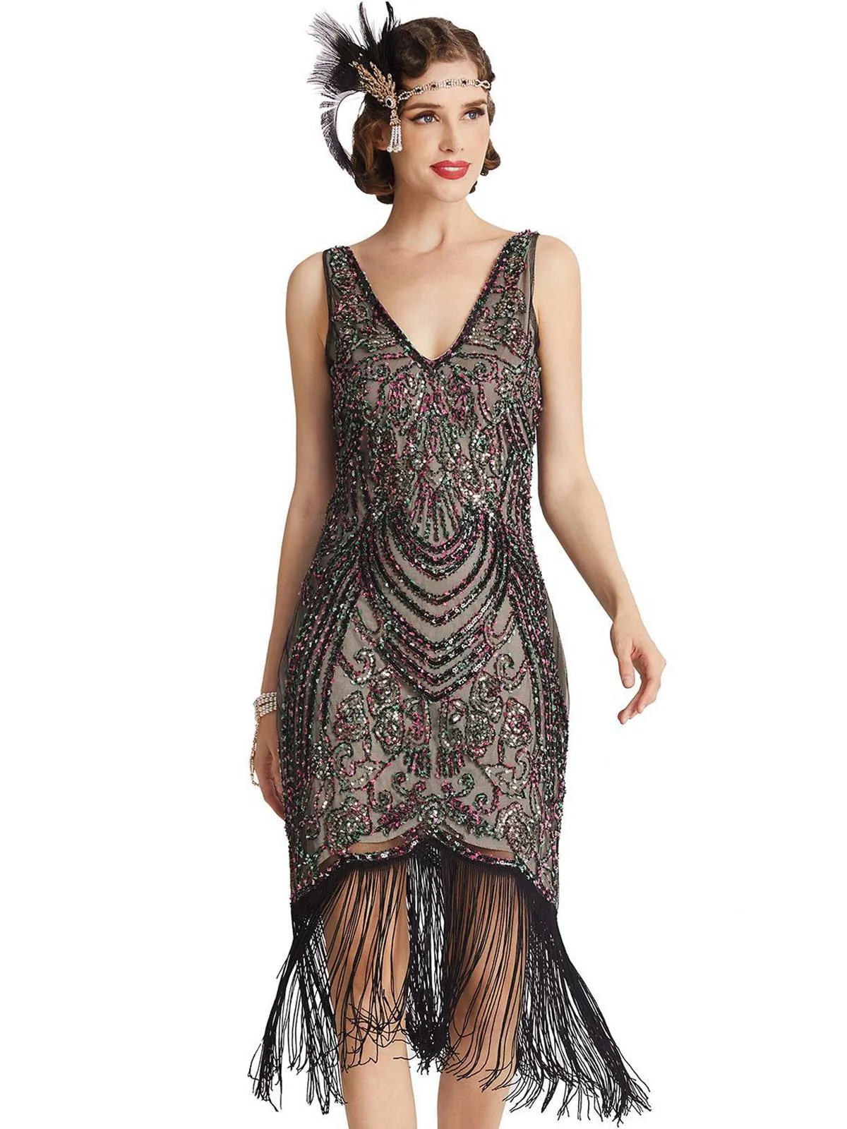 Black 1920s V-Neck Floral Sequined Dress sold by Retro Stage product image thumbnail 3