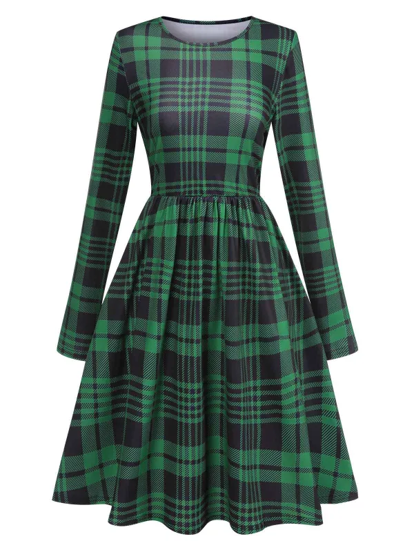 Green 1940s Crew Neck Tartan Dress sold by Retro Stage