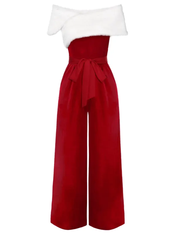 Red 1960s Off-Shoulder Faux Fur Velvet Jumpsuit sold by Retro Stage