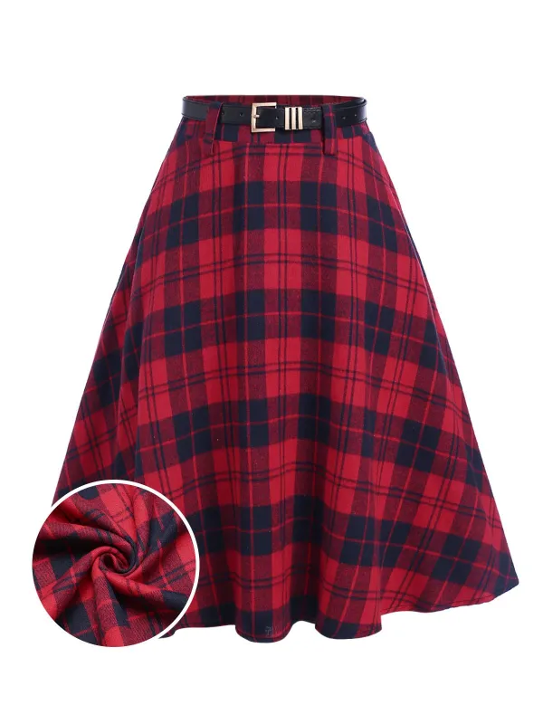 Red 1940s Plaid Belted A-Line Skirt sold by Retro Stage