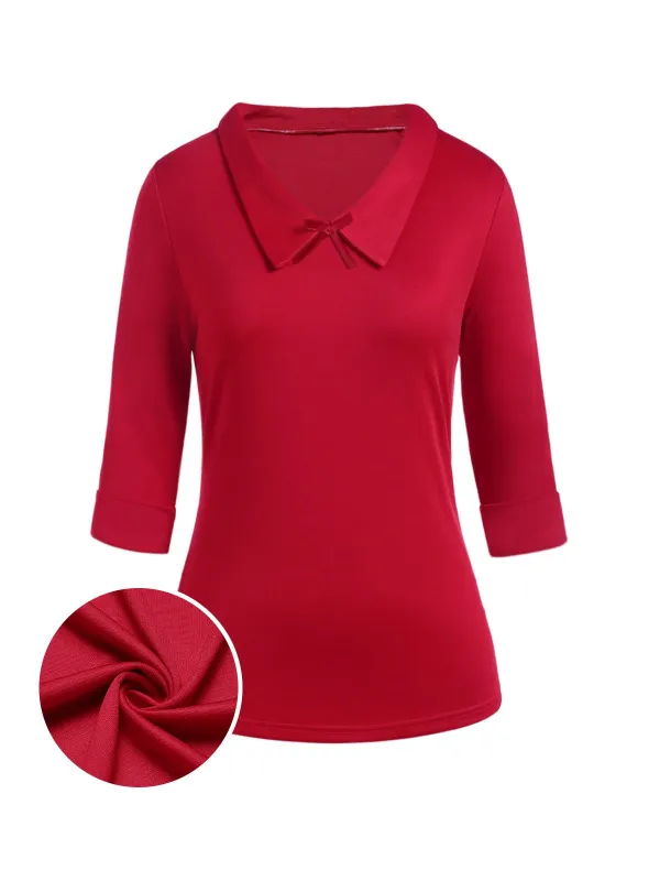 Red 1940s Solid Half Sleeves Lapel Top sold by Retro Stage