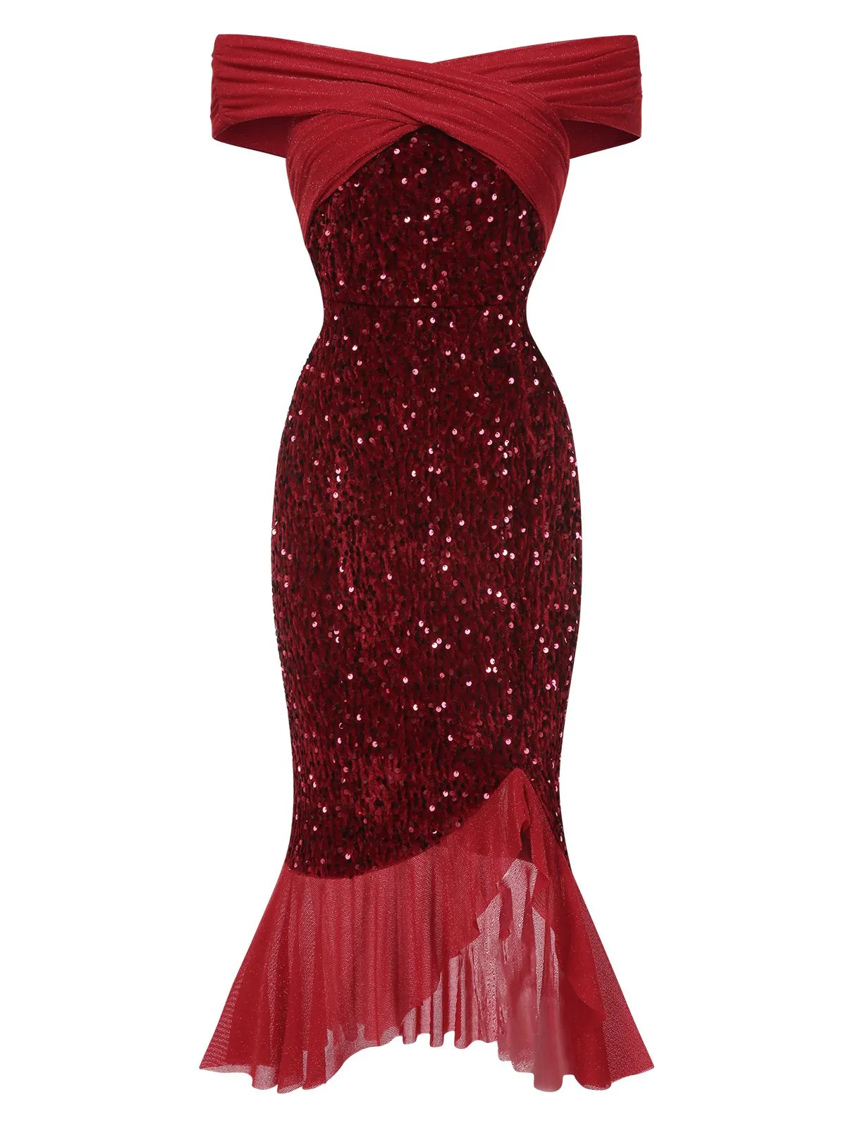 Red 1930s Sequined Off-Shoulder Dress sold by Retro Stage product image thumbnail 2