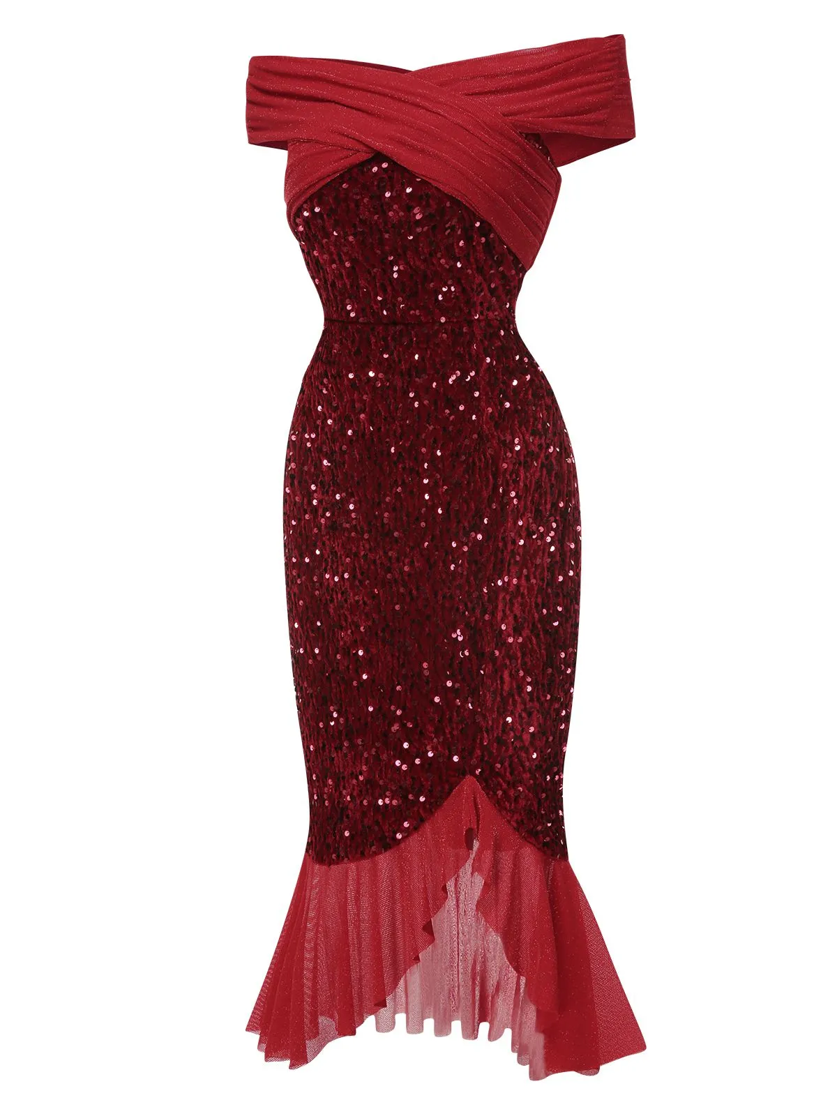 Red 1930s Sequined Off-Shoulder Dress sold by Retro Stage product image thumbnail 4