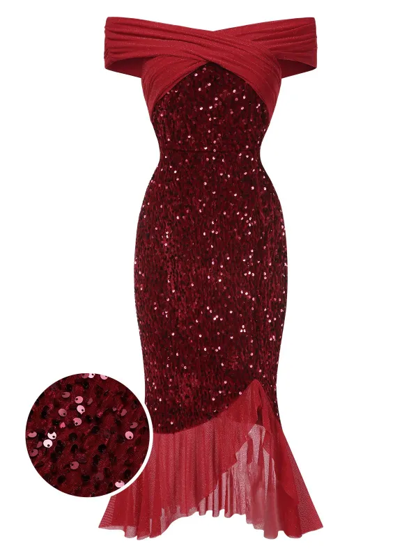 [Pre-Sale] Red 1930s Sequined Off-Shoulder Dress sold by Retro Stage