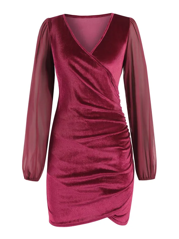 1960s Solid Sheer Sleeves V-Neck Velvet Dress sold by Retro Stage