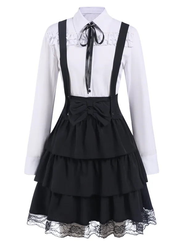 1950S Shirt Neck Suspender Patchwork Layered Dress sold by Retro Stage