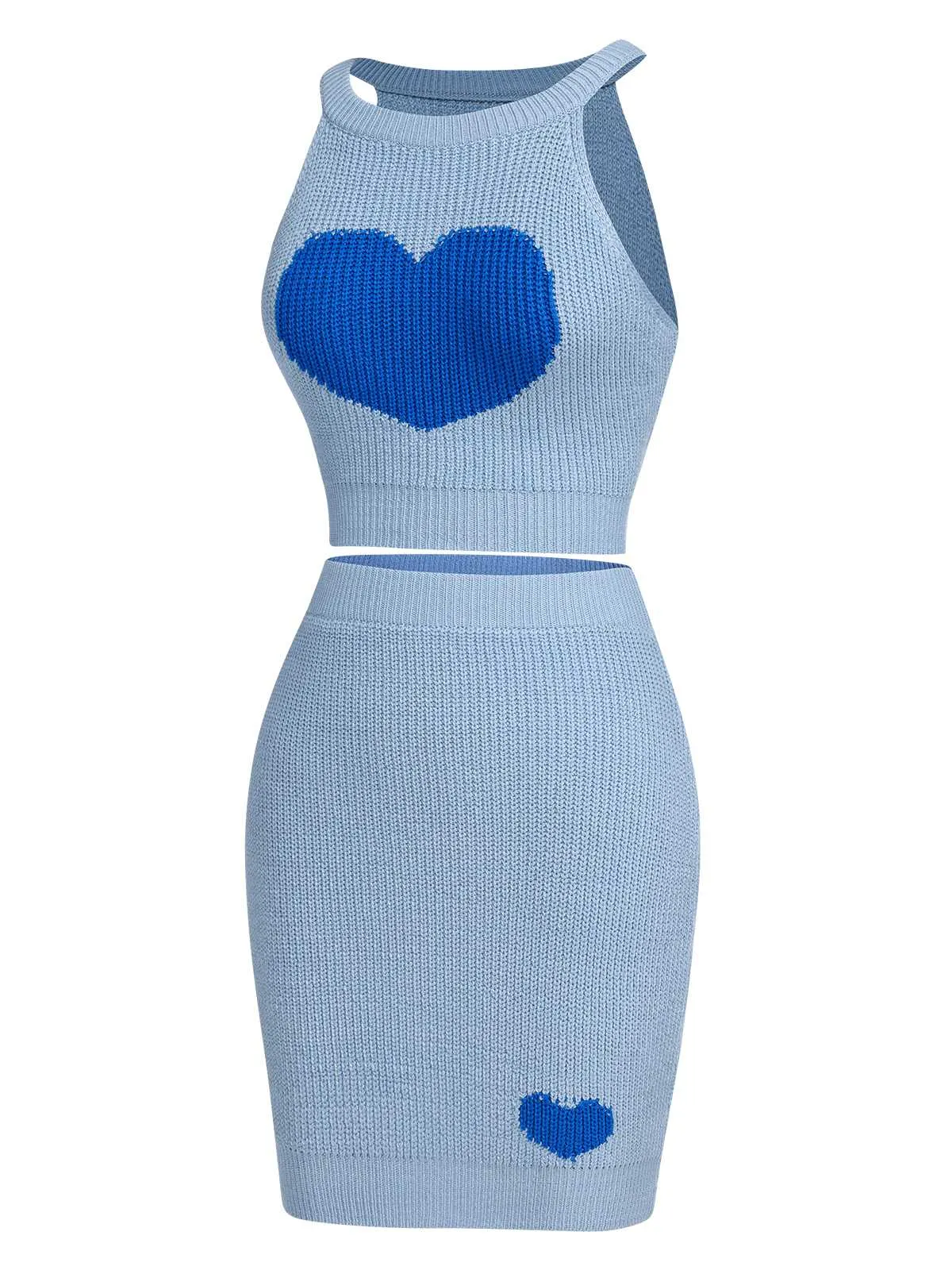 2PCS Blue 1960s Knitted Heart Cropped Top & Skirt sold by Retro Stage product image thumbnail 3