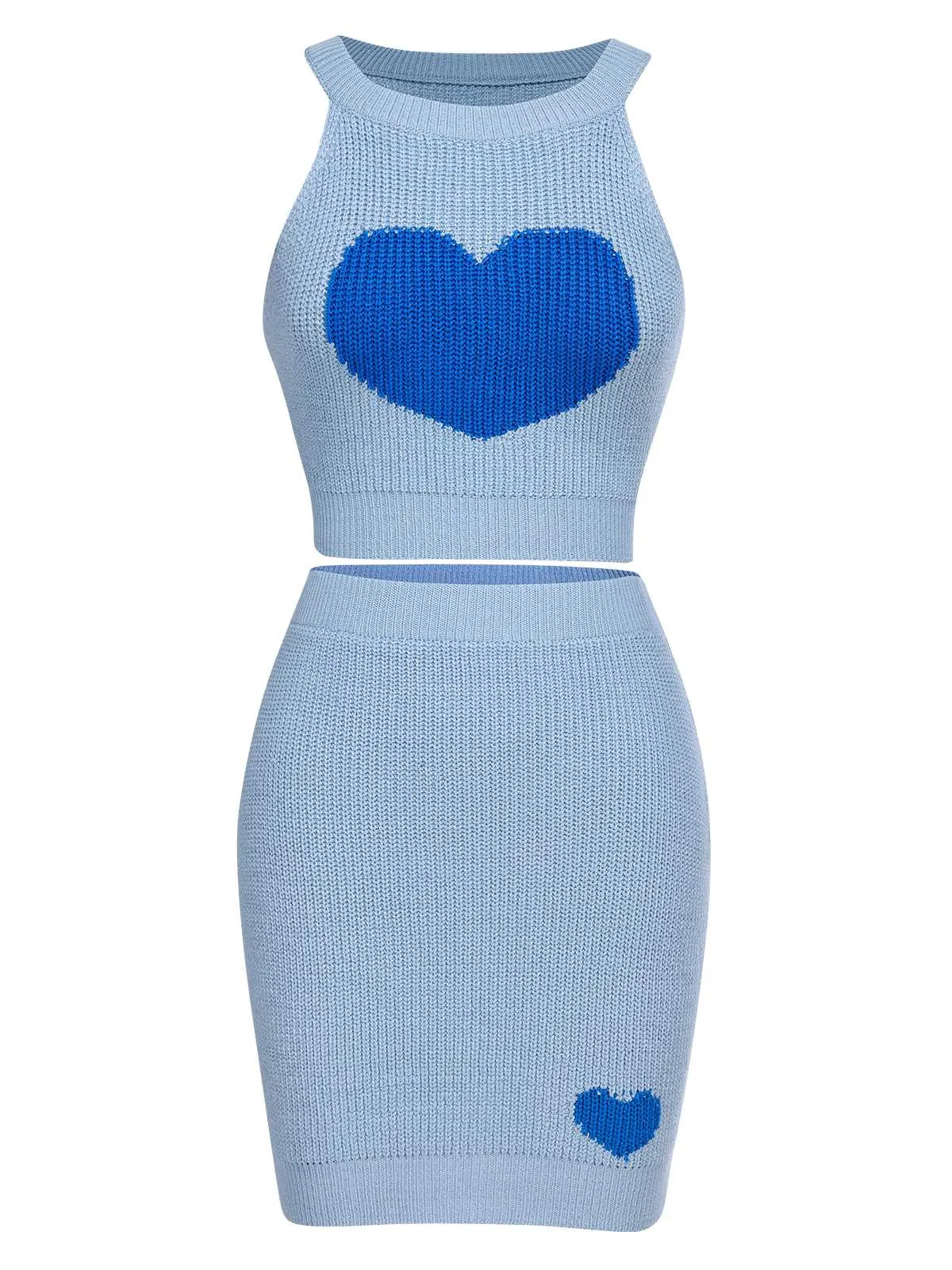 2PCS Blue 1960s Knitted Heart Cropped Top & Skirt sold by Retro Stage product image thumbnail 2
