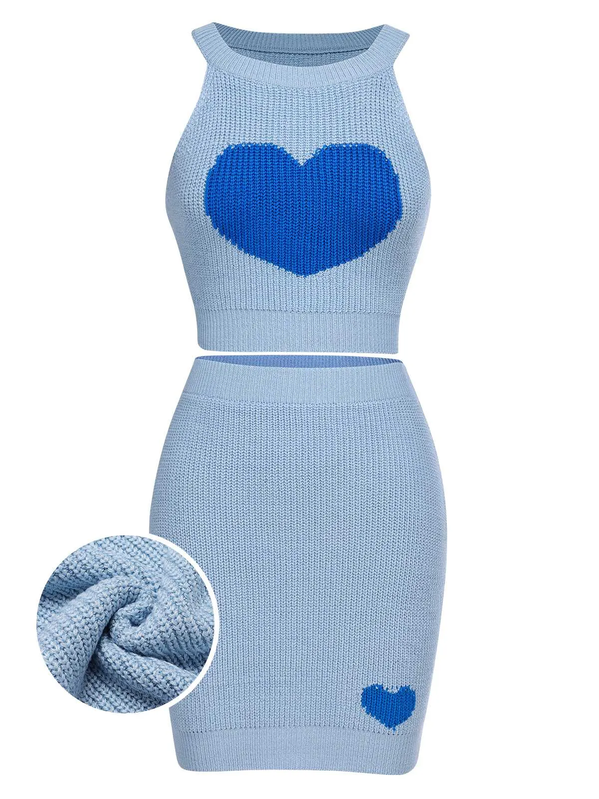 2PCS Blue 1960s Knitted Heart Cropped Top & Skirt sold by Retro Stage